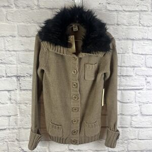Vertigo NWT Wool Blend  Cozy Chic Glam Faux Fur Collar Cardigan  Size Large